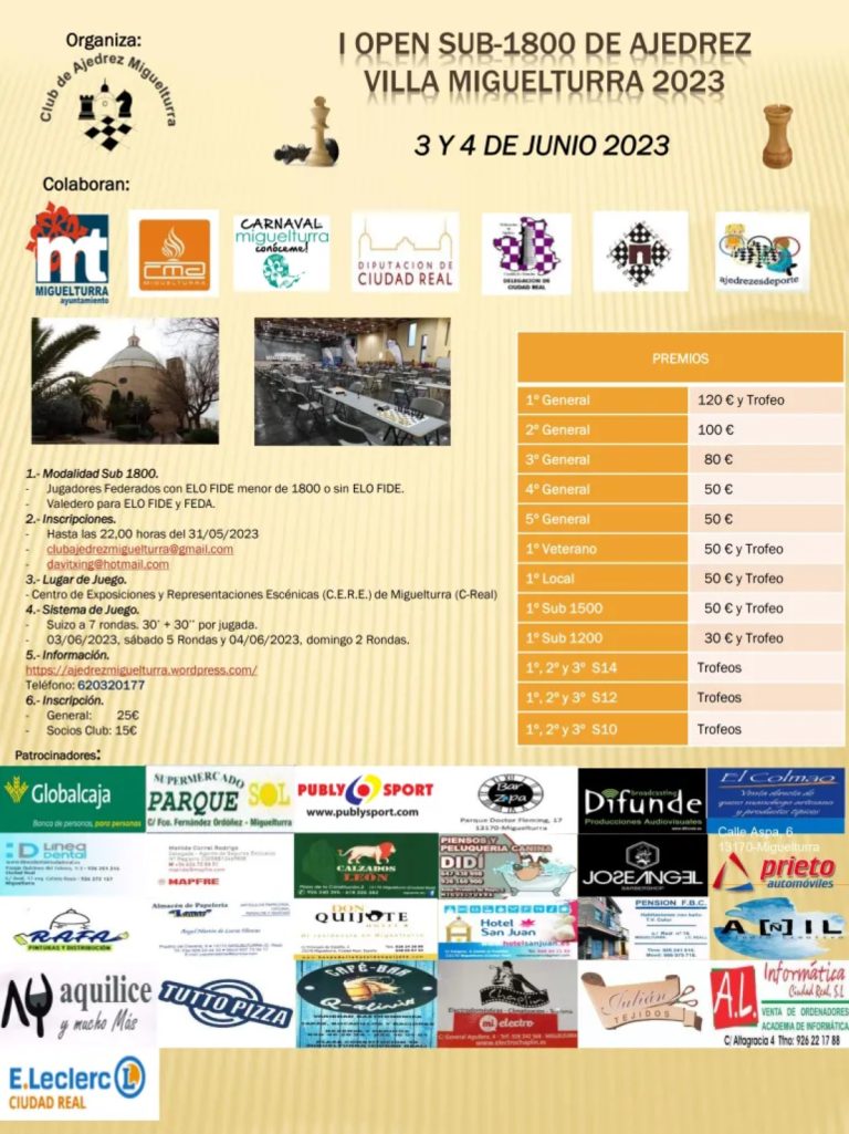 La emoción del ajedrez llega con el I Open Sub-18 de Ajedrez “Villa Miguelturra 2023” el 3 y 4 de junio en el CERE de la localidad