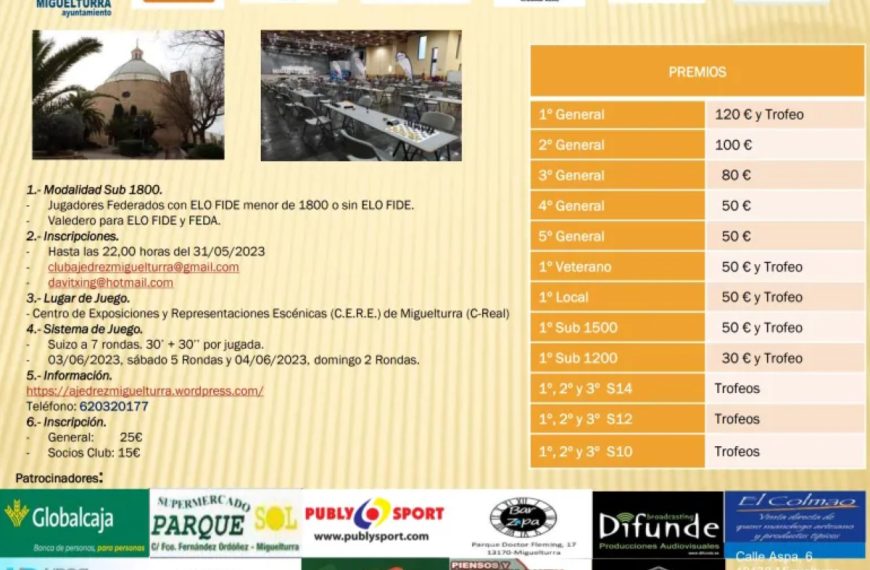 La emoción del ajedrez llega con el I Open Sub-18 de Ajedrez “Villa Miguelturra 2023” el 3 y 4 de junio en el CERE de la localidad