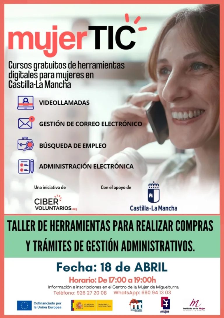 2 talleres gratuitos de herramientas digitales del Programa “Mujer TIC” en el Centro de la Mujer de Miguelturra inscripción hasta el 14 de abril