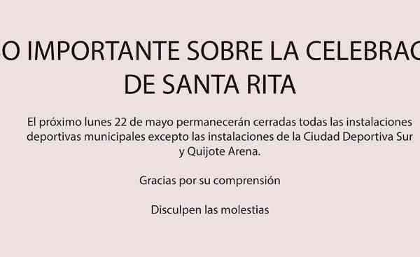 Por la festividad de Santa Rita, las instalaciones deportivas municipales de Ciudad Real estarán cerradas el 22 de mayo