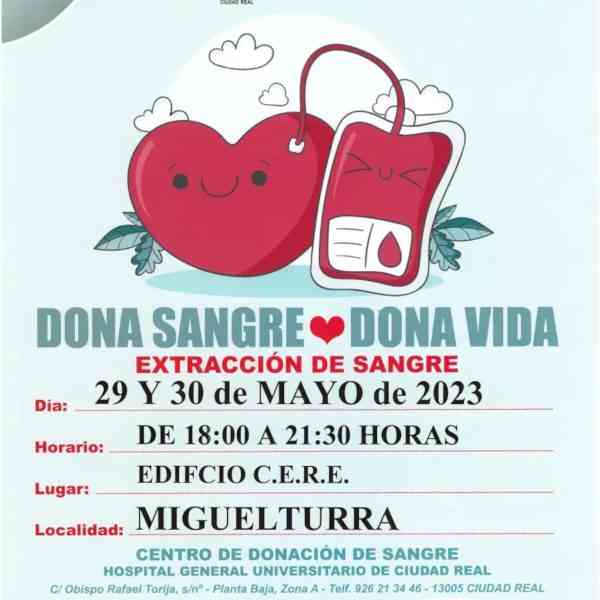 Colabora donando sangre hoy, 30 de mayo de 2023, en el CERE de Miguelturra de 18:00 a 21:30 horas