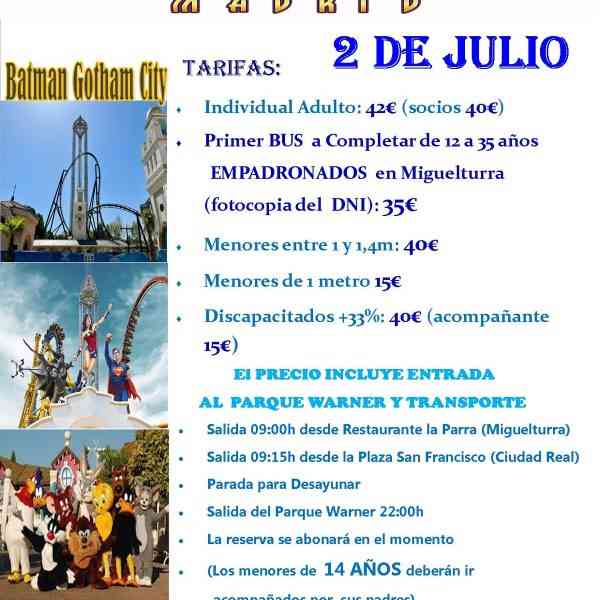 Viaje al Parque Warner organiza La Peña El Puntillo de Miguelturra para el 2 de julio ¡participa!