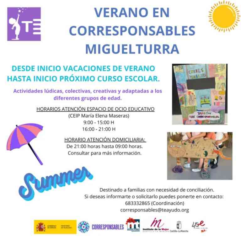 Se prestará el servicio del Plan Corresponsables de Miguelturra desde inicio de las vacaciones de verano hasta inicio del curso escolar