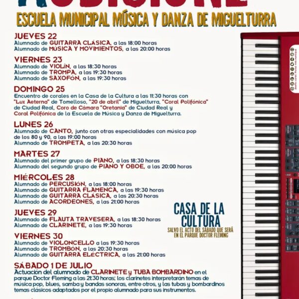 Las tradicionales audiciones de final de año lectivo de la Escuela de Música y Danza de Miguelturra hasta el 1 de julio -entrada gratuita-