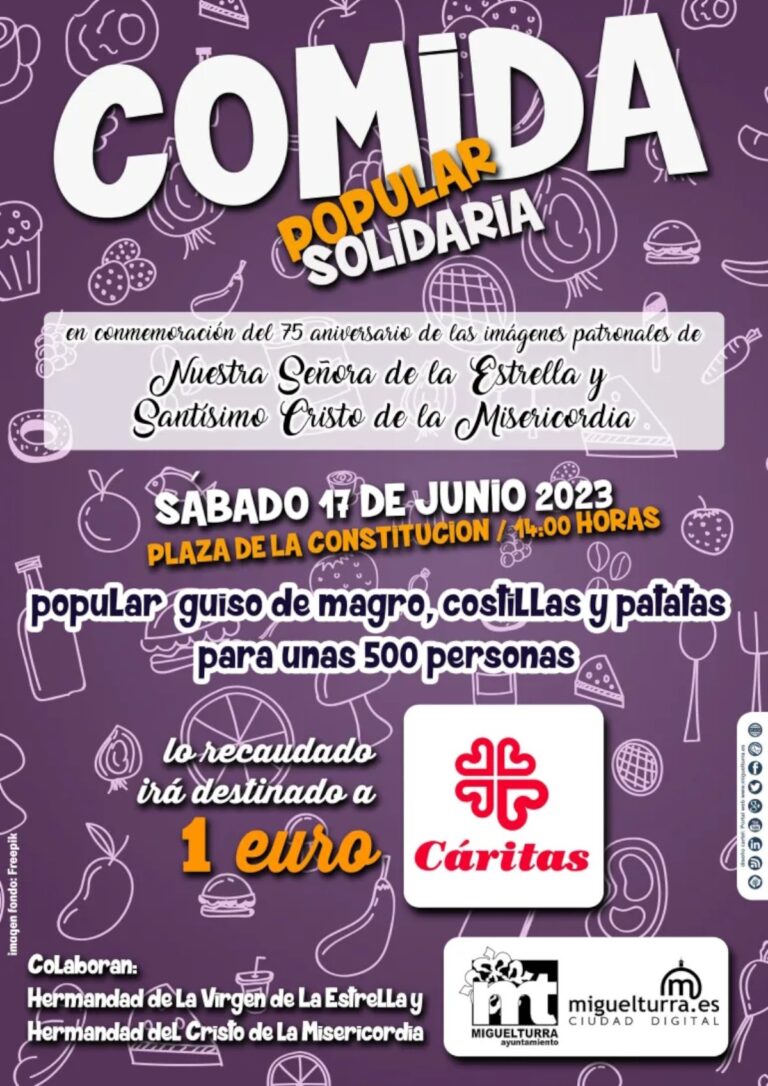 Comida popular solidaria el sábado 17 de junio en la plaza de la Constitución de Miguelturra a beneficio de Cáritas