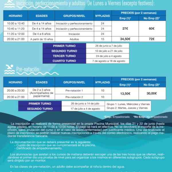 Inscripción a los cursos de natación verano 2023: niveles de iniciación, perfeccionamiento, adultos y pre-natación en Miguelturra