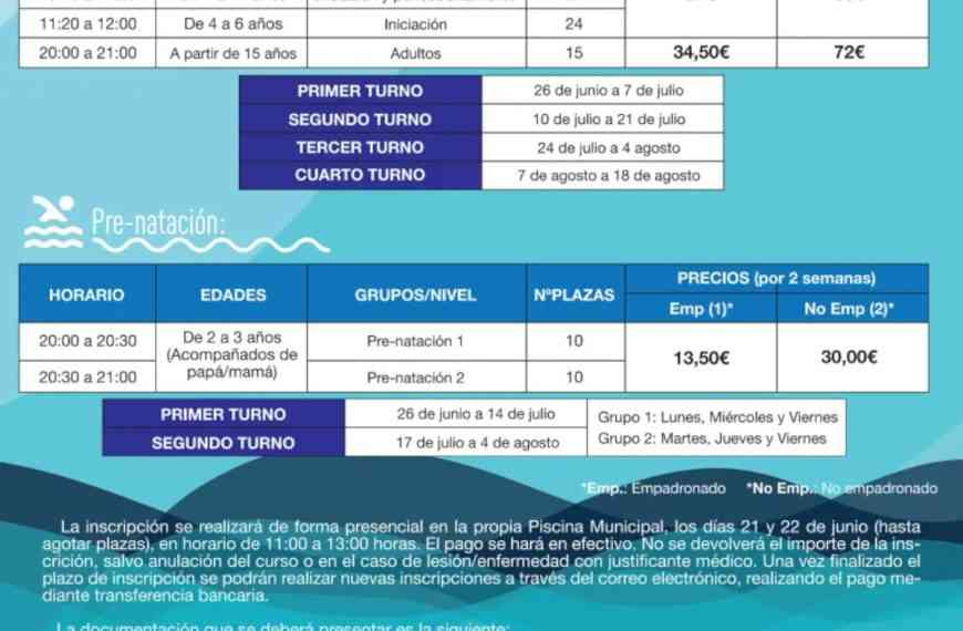 Inscripción a los cursos de natación verano 2023: niveles de iniciación, perfeccionamiento, adultos y pre-natación en Miguelturra