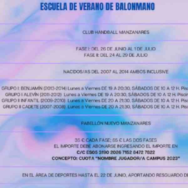 Escuela de verano de balonmano para nacidos del 2007 al 2014 en Manzanares