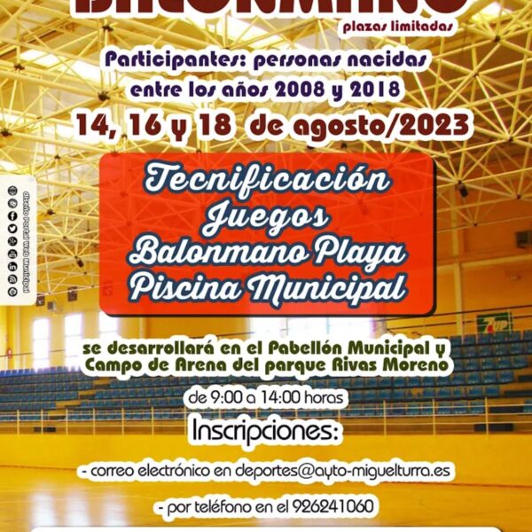 Taller gratuito de balonmano en Miguelturra el 14, 16 y 18 de agosto para personas nacidas entre el 2008 y 2018