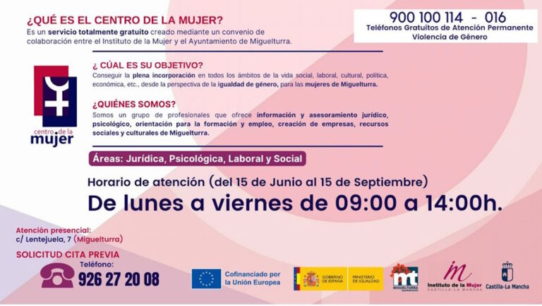 Horario de atención del Centro de la Mujer de Miguelturra hasta el 15 de septiembre