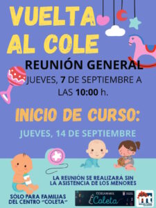 Reunión general previa a inicio del curso en escuela Infantil “Coleta” de Miguelturra el 7 de septiembre a las 10 de la mañaña