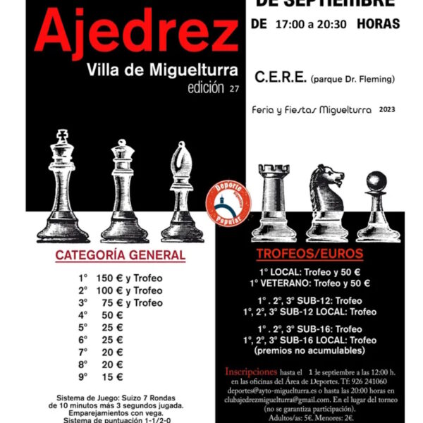 Bases e inscripciones torneo de ajedrez «Villa de Miguelturra» que se celebra el 2 de septiembre en la Feria y Fiestas