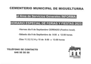 Horario especial en el cementerio municipal de Miguelturra del 8 al 15 de septiembre por la  celebración de las Ferias y Fiestas 2023