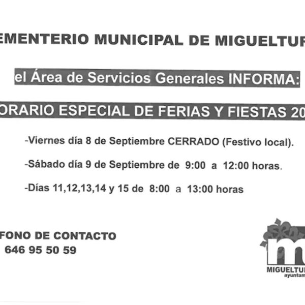 Horario especial en el cementerio municipal de Miguelturra del 8 al 15 de septiembre por la  celebración de las Ferias y Fiestas 2023