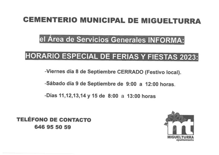 Horario especial en el cementerio municipal de Miguelturra del 8 al 15 de septiembre por la celebración de las Ferias y Fiestas 2023