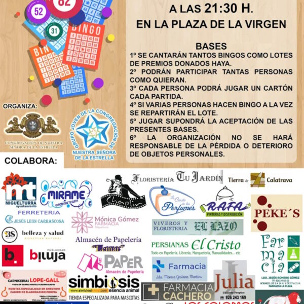 6º Bingo Solidario mañana 12 de septiembre a las 21:30  en la Plaza de la Virgen de Miguelturra