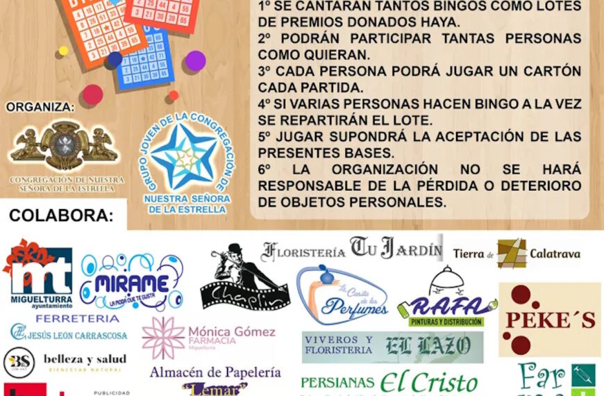 6º Bingo Solidario mañana 12 de septiembre a las 21:30 en la Plaza de la Virgen de Miguelturra