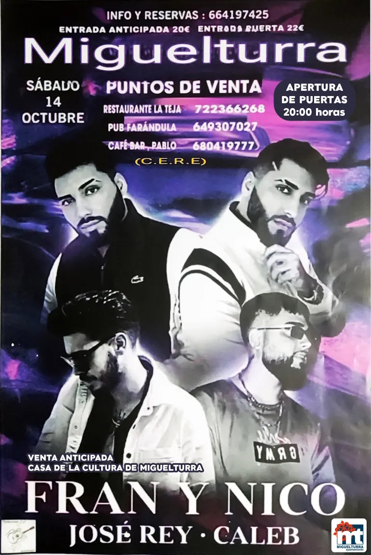 Concierto de Fran y Nico, José Rey y Caleb el 14 de octubre en el CERE de Miguelturra