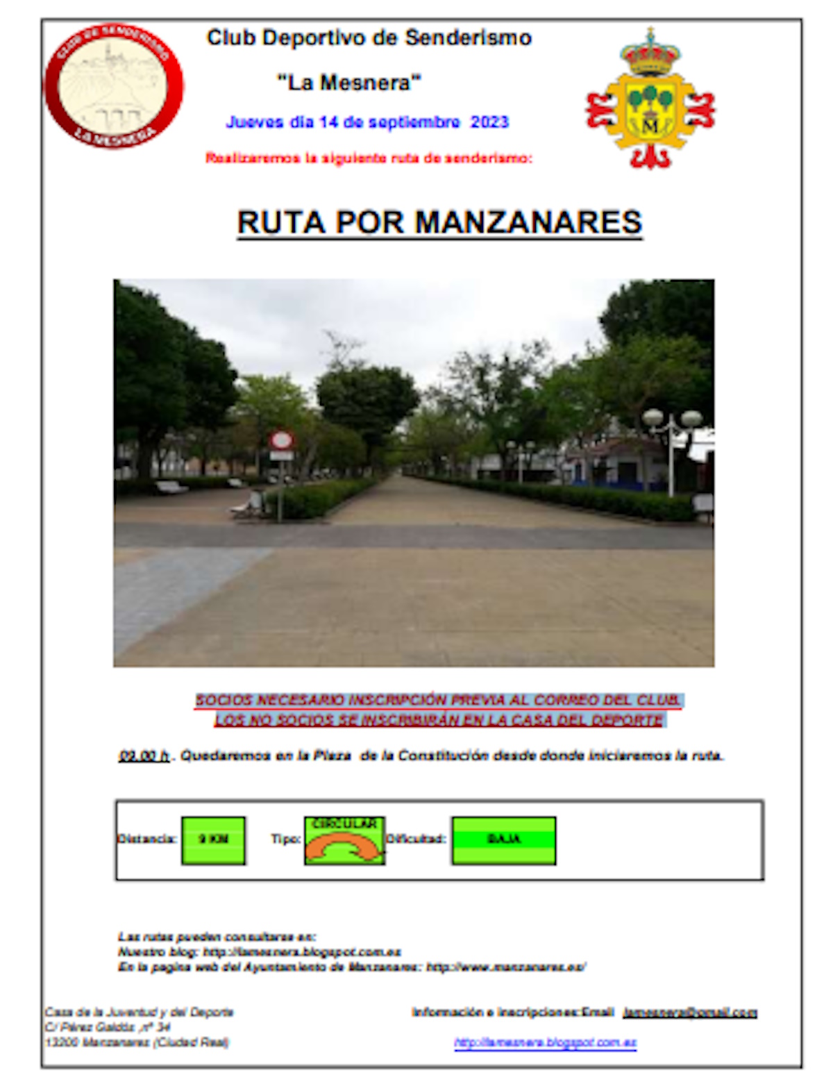 Senderismo La Mesnera “Ruta por Manzanares” el 14 de septiembre