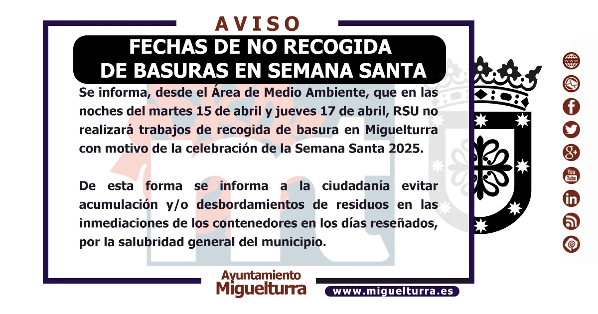 Interrupción del Servicio de Basura en Miguelturra Durante Semana Santa 2025