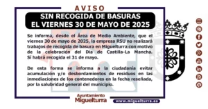 Suspensión de Recolección de Basura en Miguelturra el 30 de Mayo de 2025 por Festividad Regional