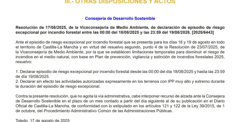Máxima Alerta por Incendios Forestales en Castilla-La Mancha hasta Agosto de 2025