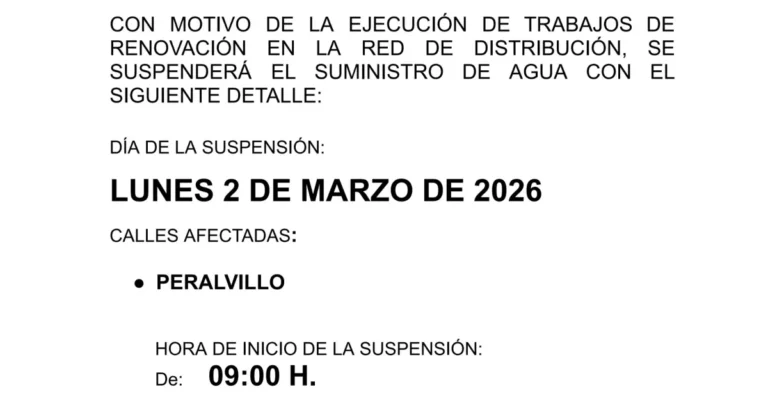 Corte de Agua en Peralvillo el 2 de Marzo de 2026 por Obras de Mejora en la Red de Distribución