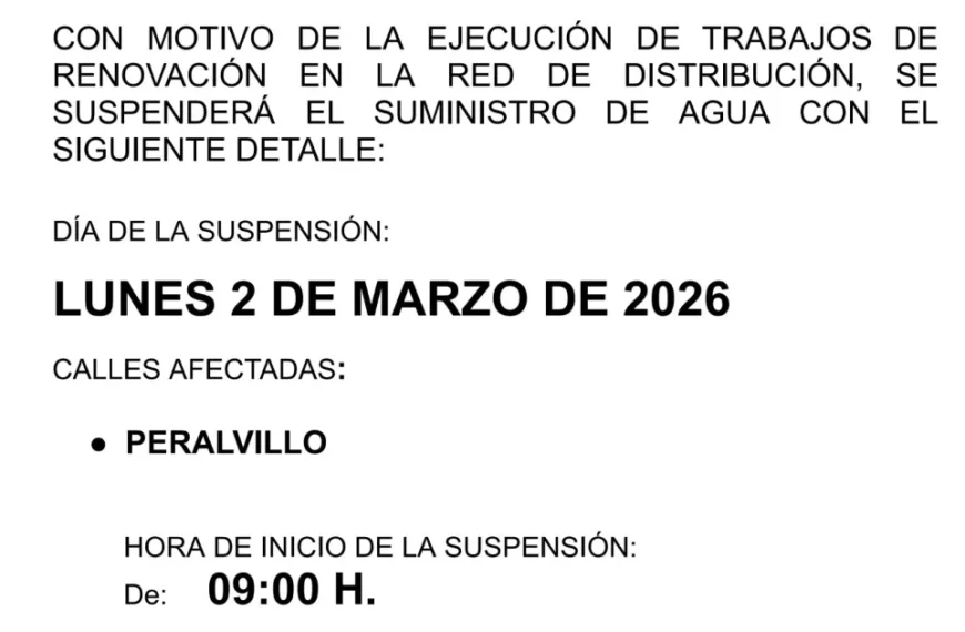 Corte de Agua en Peralvillo el 2 de Marzo de 2026 por Obras de Mejora en la Red de Distribución