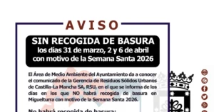 Suspensión de Recogida de Basura en Miguelturra durante la Semana Santa 2026