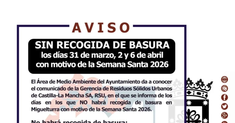Suspensión de Recogida de Basura en Miguelturra durante la Semana Santa 2026