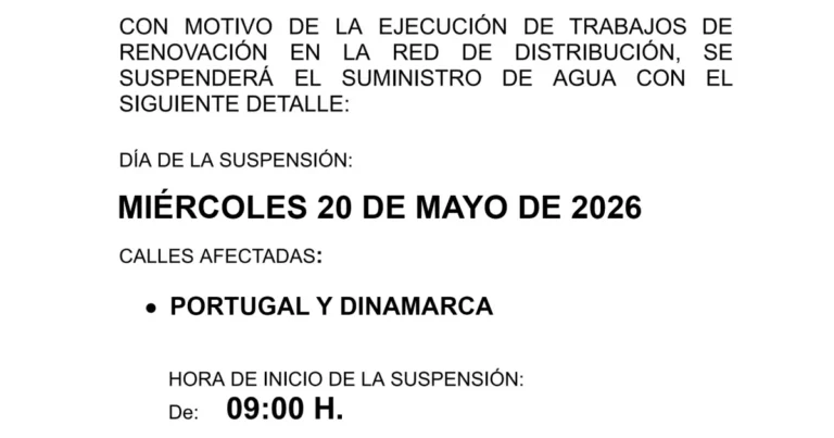 Corte de Agua Programado en Calles Portugal y Dinamarca para el 20 de Mayo de 2026