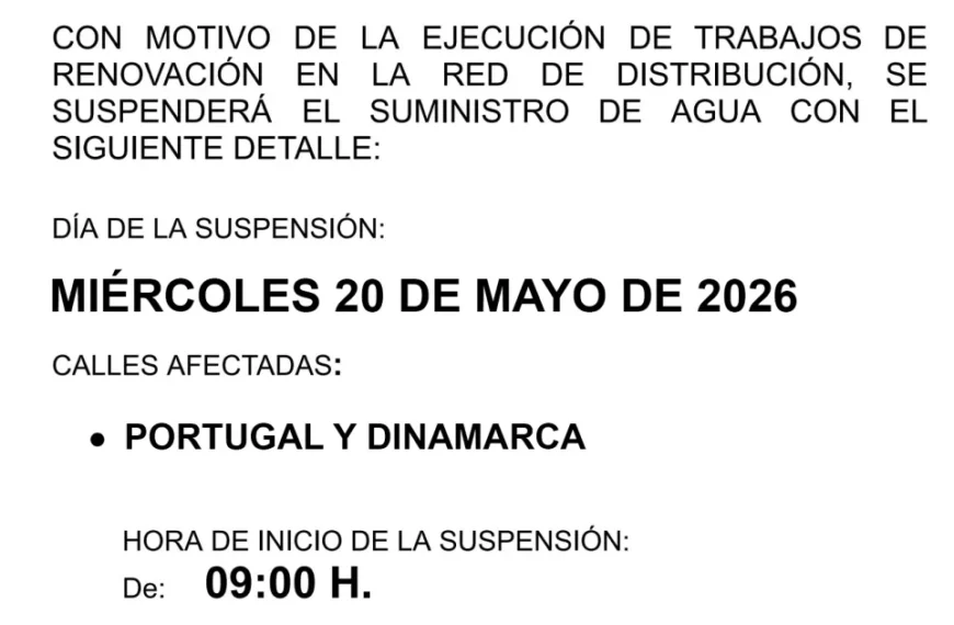 Interrupción del Servicio de Agua en las Calles Portugal y Dinamarca el 20 de Mayo de 2026
