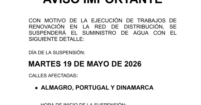 Interrupción del Suministro de Agua en Varias Calles el 19 de Mayo de 2026