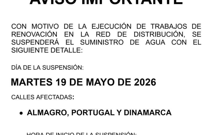 Interrupción del Suministro de Agua en Varias Calles el 19 de Mayo de 2026
