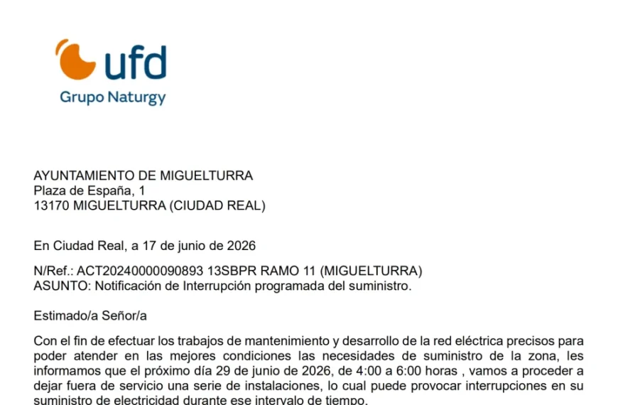 Interrupción Programada de Energía en Miguelturra para Mejoras el Próximo 29 de Junio de 2026