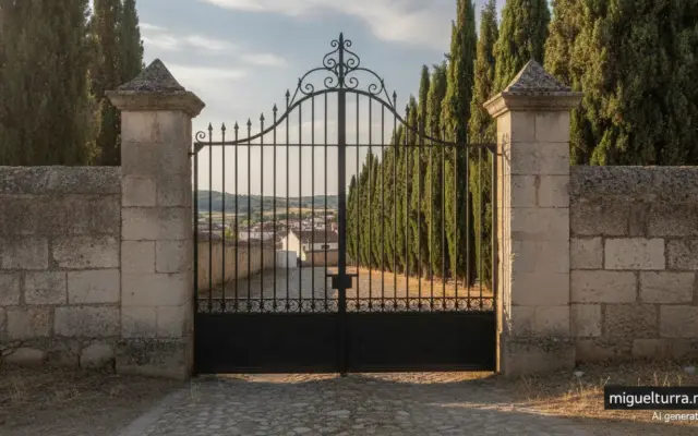 Puerta de entrada del cementerio municipal de Miguelturra (imagen generada con IA, con marca de miguelturra.net)