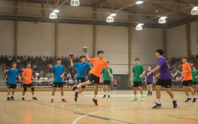 Partido de balonmano juvenil durante la Spartan Handball Cup en un pabellón municipal