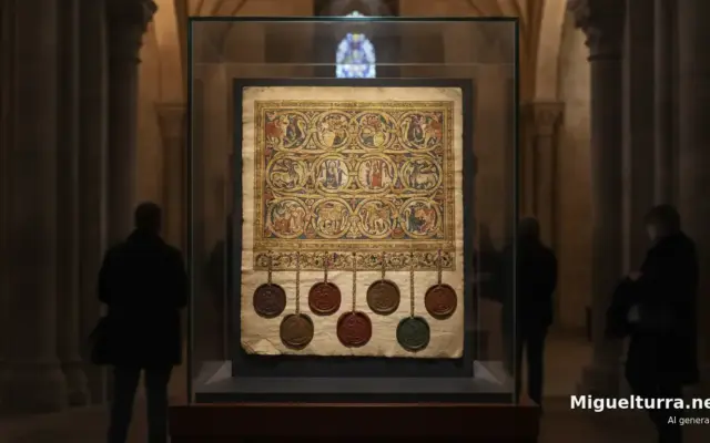 Documento histórico medieval expuesto en vitrina dentro de una iglesia, recreación de la exposición de la bula fundacional de la Orden de Calatrava