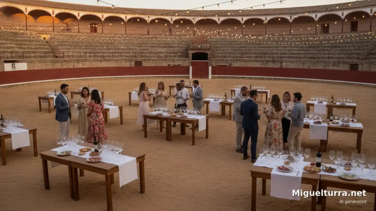 Cata de vinos con maridaje celebrada por la noche en la Plaza de Toros de Miguelturra