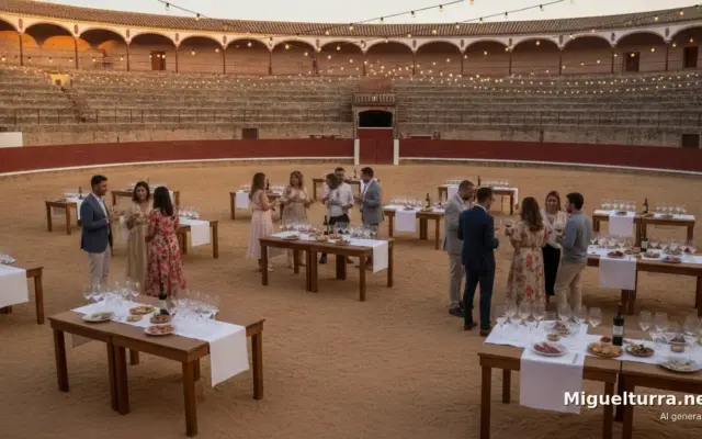 Cata de vinos con maridaje celebrada por la noche en la Plaza de Toros de Miguelturra