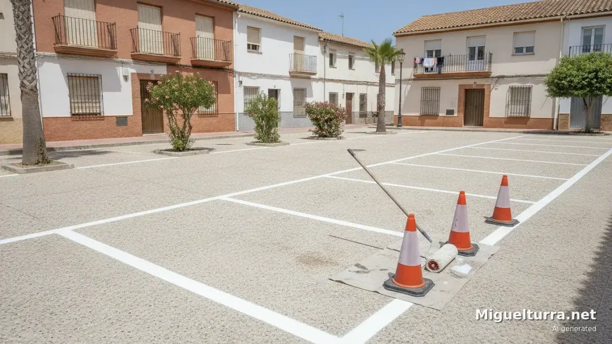 Aparcamiento municipal con las plazas recién pintadas y conos de señalización