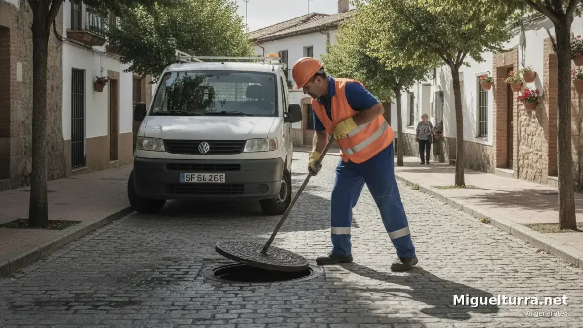 Operario municipal realizando labores de control de plagas en la red de alcantarillado