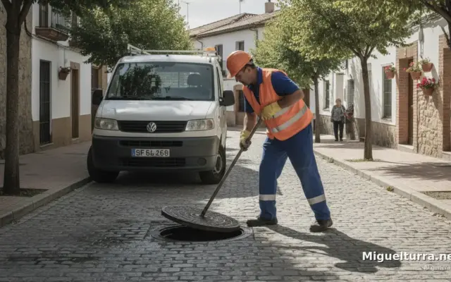 Operario municipal realizando labores de control de plagas en la red de alcantarillado