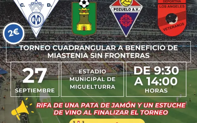 Jugadores veteranos disputan un partido en el Estadio Municipal de Miguelturra durante el torneo solidario
