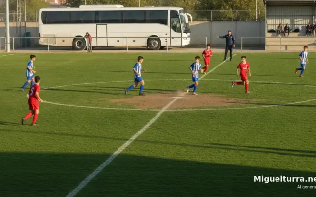 Jugadores jóvenes de fútbol escolar regional disputan un partido en un campo municipal
