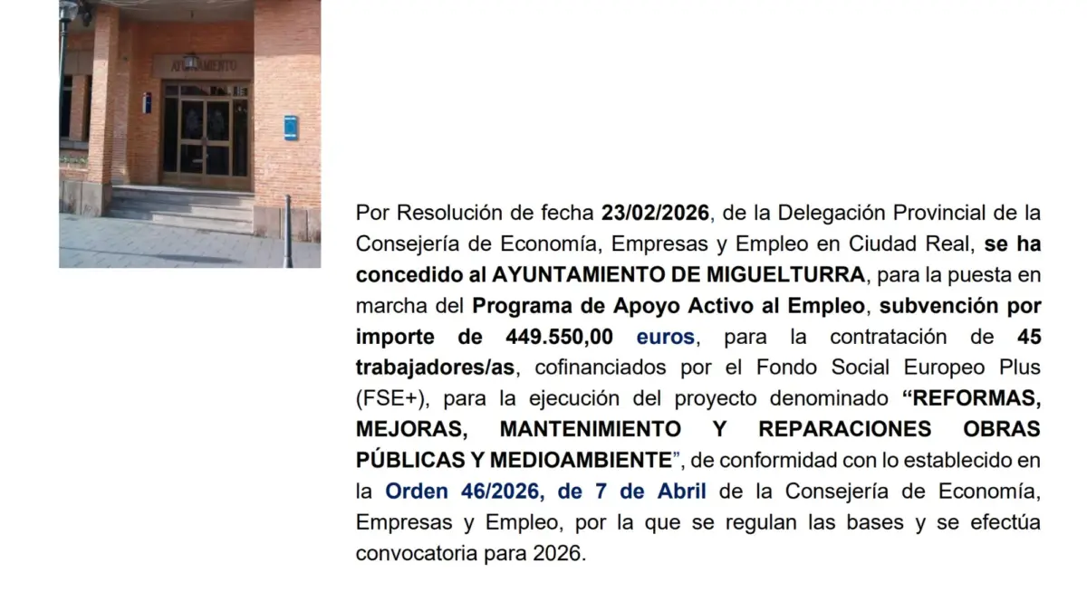 Anuncio de la subvención de la JCCM para el Programa de Apoyo Activo al Empleo en Miguelturra