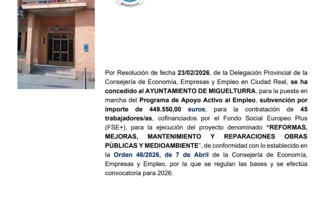 Anuncio de la subvención de la JCCM para el Programa de Apoyo Activo al Empleo en Miguelturra