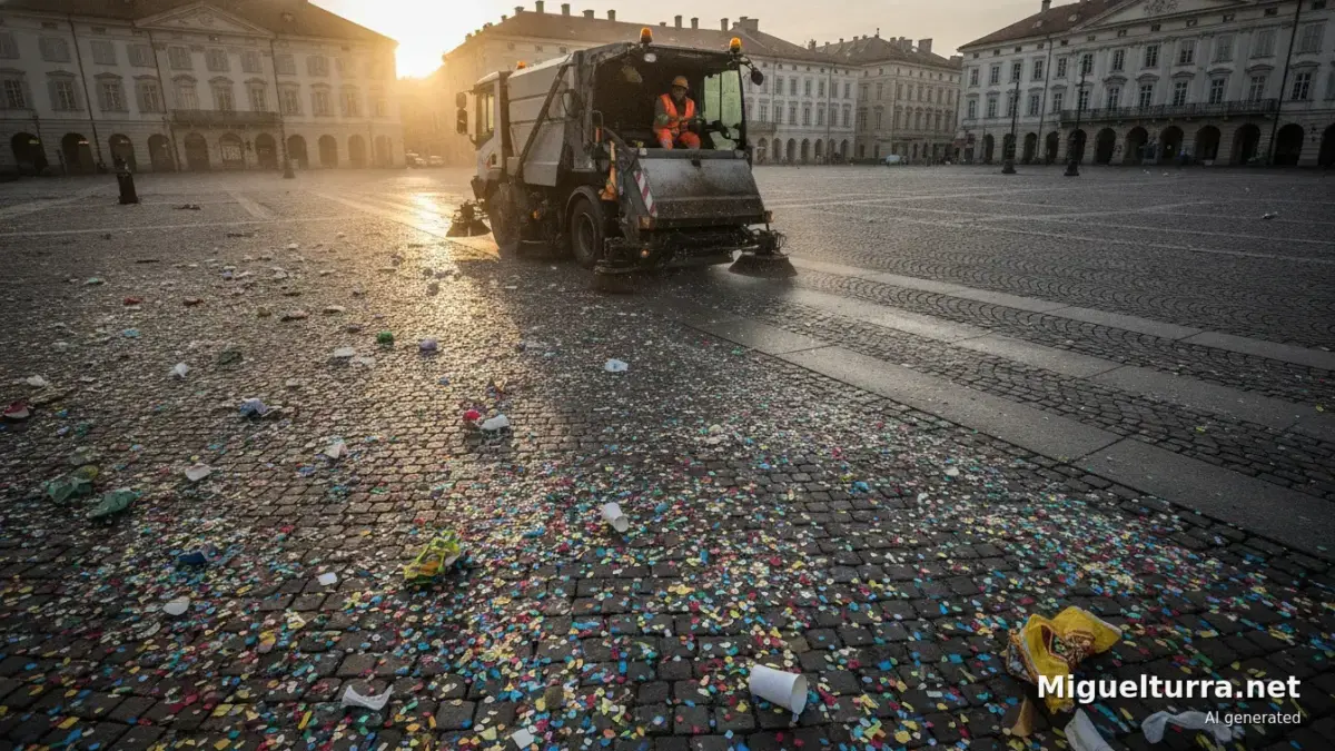 Barredora municipal realizando labores de limpieza tras las Ferias de Miguelturra