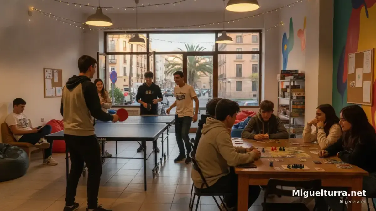 Jóvenes disfrutan de las actividades en una sala de ocio de un centro juvenil