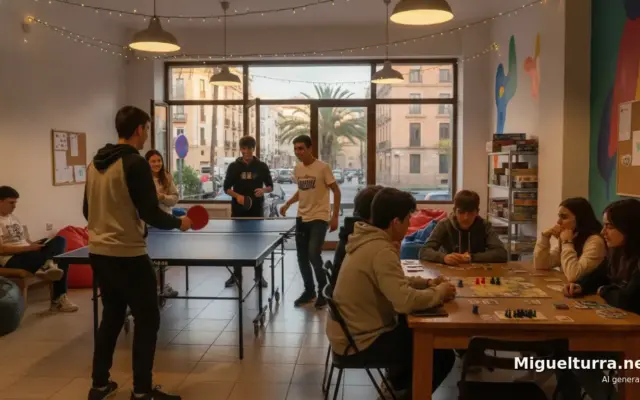 Jóvenes disfrutan de las actividades en una sala de ocio de un centro juvenil